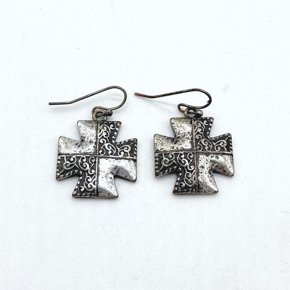 Cross‎ Earrings Silver Tone Filigree Pattern Drop Dangle Religious Jewelry